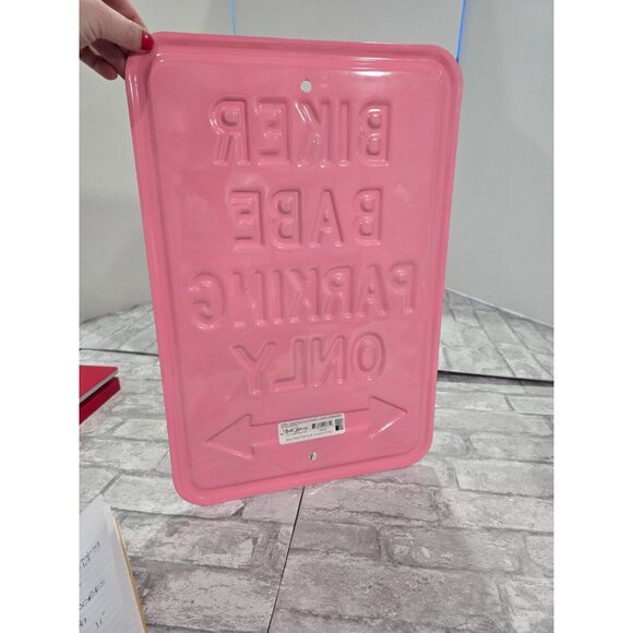 Biker Babe Parking Only Embossed Heavy Gague Steel Sign Pink White 18" x 12" - Picture 5 of 7